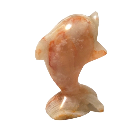 Vintage Onyx Dolphin Sculpture Hand Carved Stone 4" Tall Red-Brown Ivory Pink - Picture 1 of 13